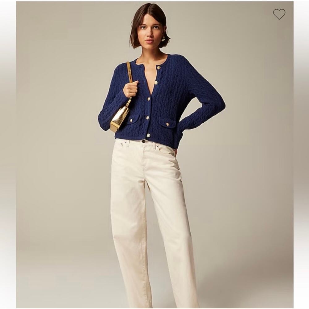 J.Crew Odette Cable Knit Sweater Lady Jacket Cotton Blend Bouclé Navy Plus XXL